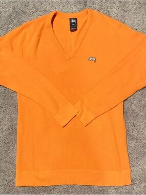 Vintage Stüssy Orange V-Neck Knit Sweater Size L